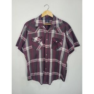 Rock Creek Ranch Mens Short Sleeve Western Snap Plaid Shirt Burgundy‎ Grey XL